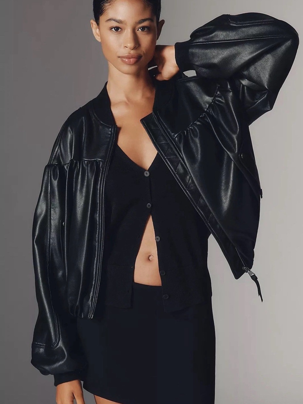 Anthropologie Black Leather Retro Bubble Bomber Jacket NEW!!! Sz M! MSRP $168!